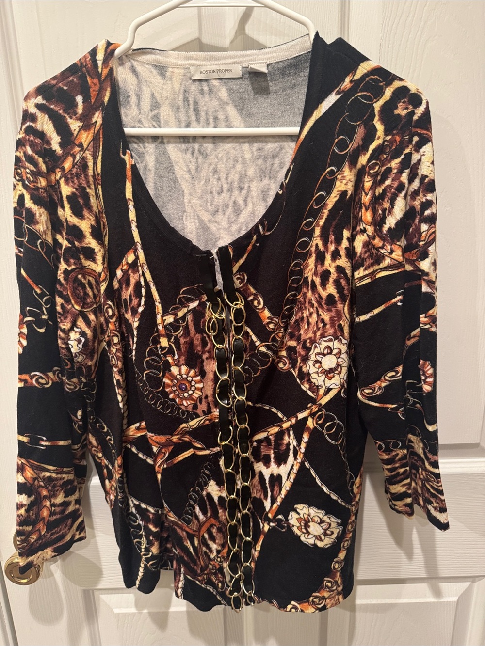 Boston Proper Black Chain & Leopard Print Button-Down Top